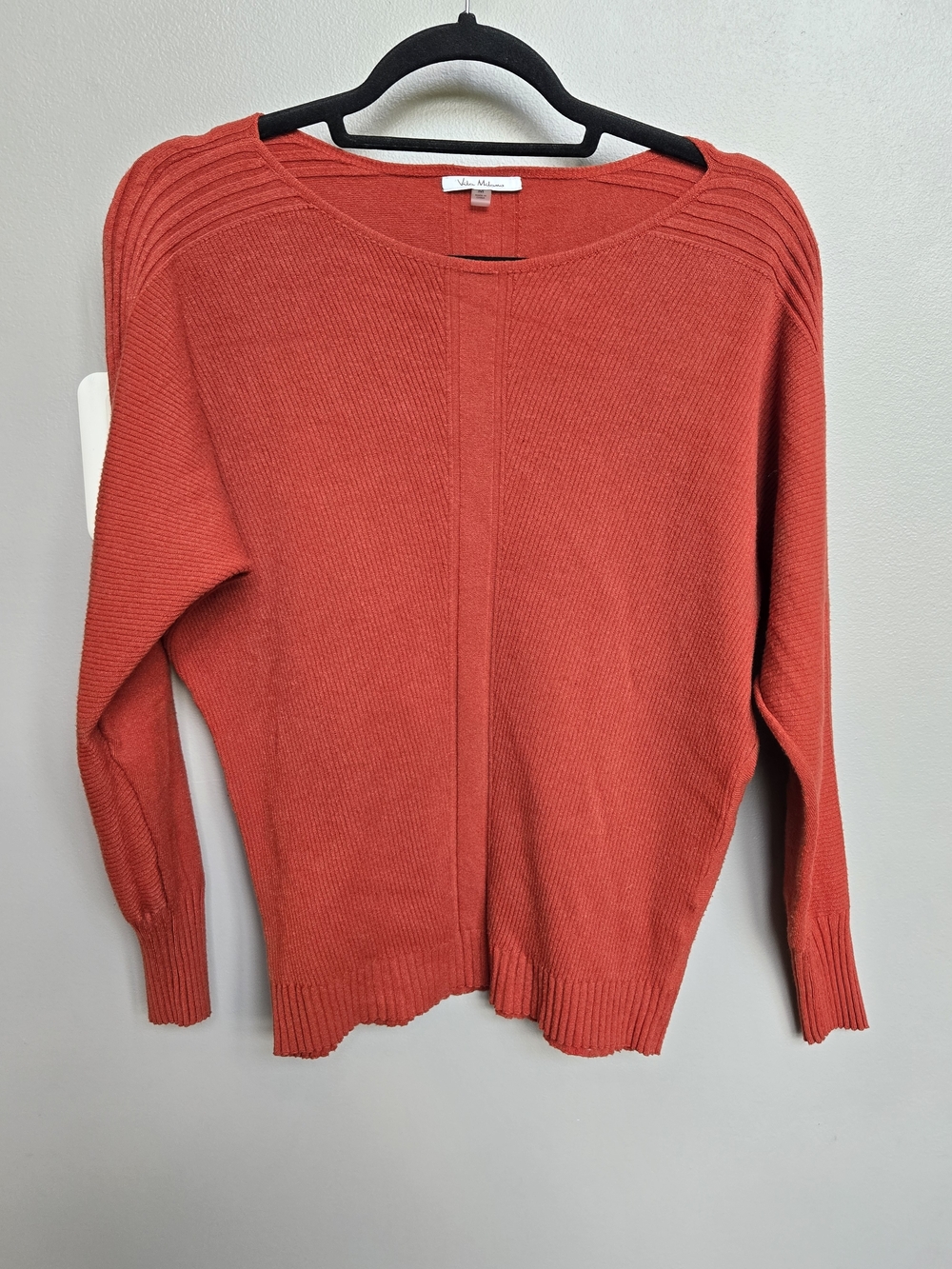 Vila Milano Rust Red Boatneck Knit Sweater Medium Button Back Ribbed Long Sleeve